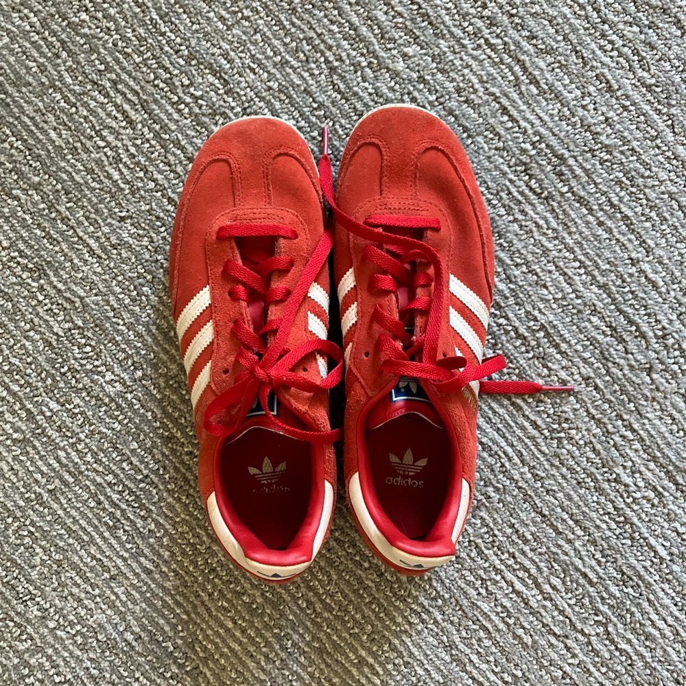 adidas Red Suede Sneakers with White Stripes